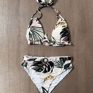 BCBGMaxAzria Tropical Print Bikini Set Womens Size 8 Halter Tie Palm Swimwear
